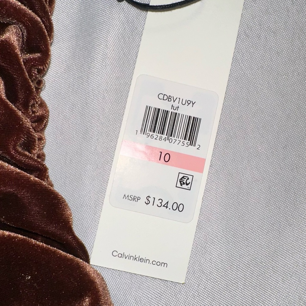 Calvin Klein Brown Velvet Runched Asymmetrical Sheath Dress Size 10 NWT Cocktail - Picture 7 of 10